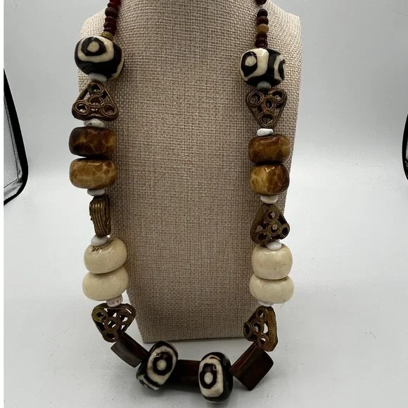 African Tribal Style Dzi Beads Wood Batik Bone Unique‎ Statement Necklace Boho
